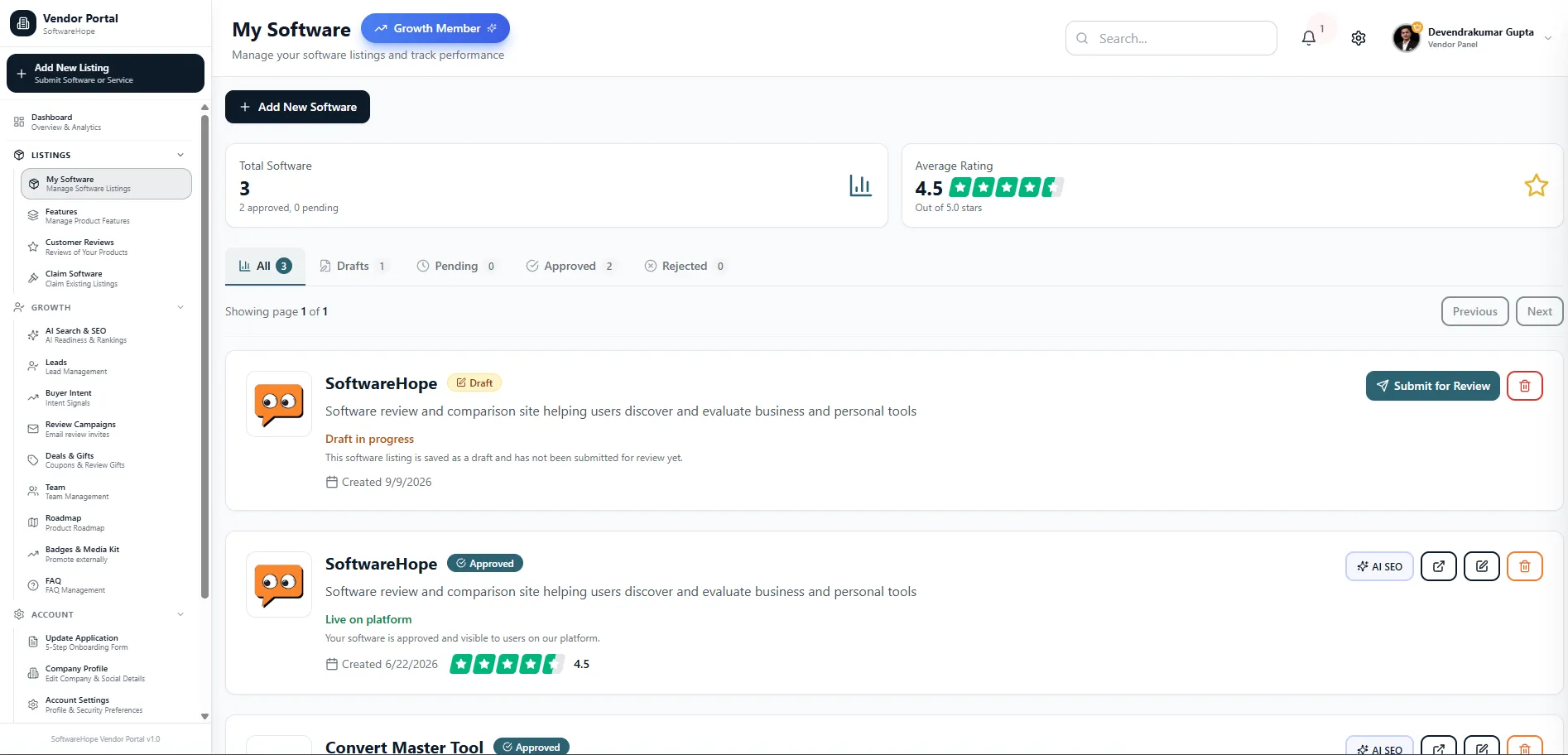 SoftwareHope Vendor Dashboard Overview